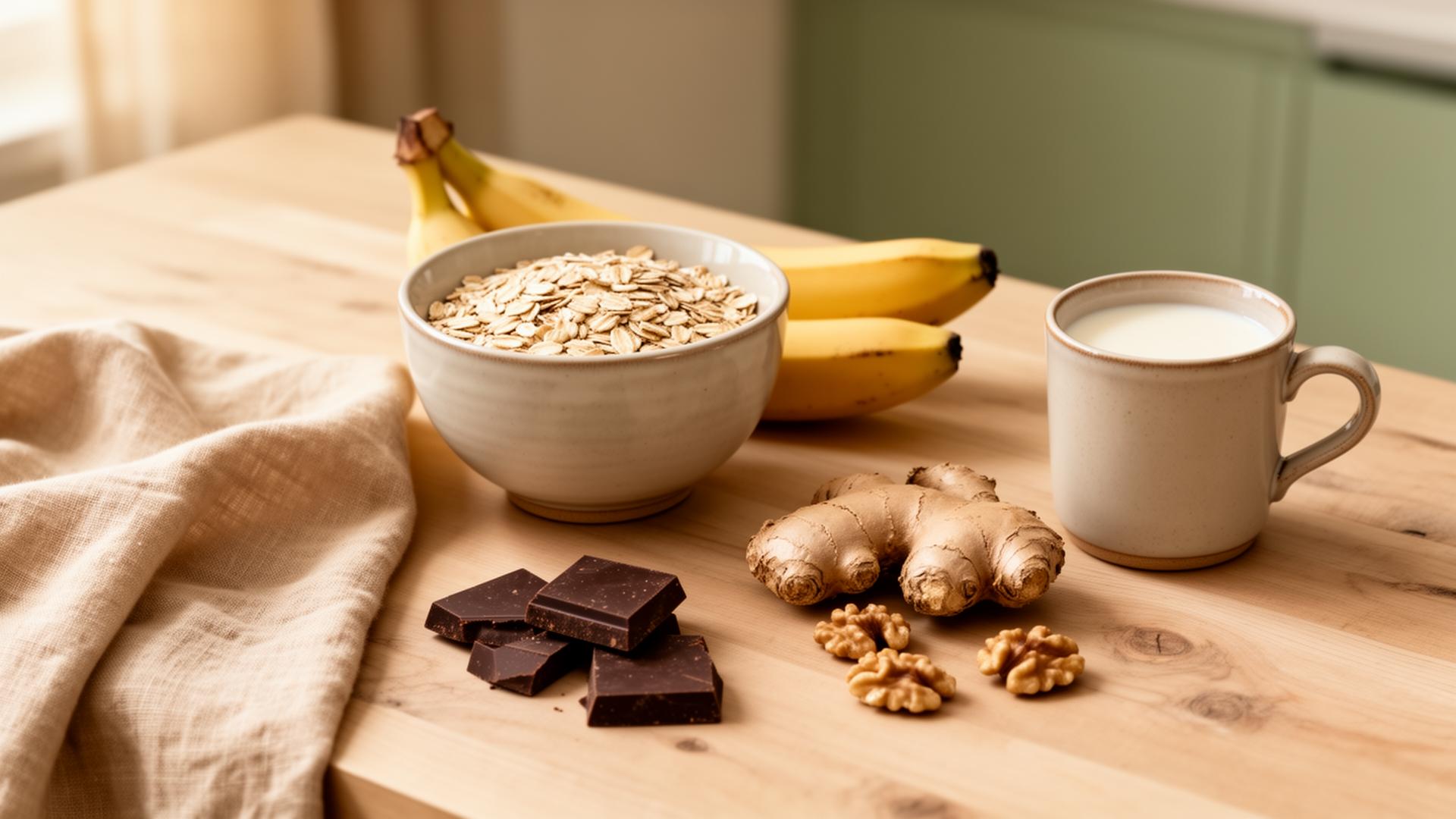 Natural foods arranged on a wooden kitchen counter in soft natural light